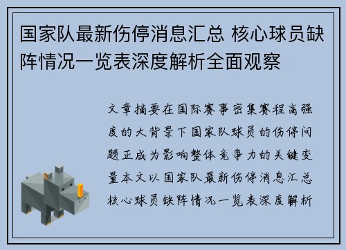 国家队最新伤停消息汇总 核心球员缺阵情况一览表深度解析全面观察 国家队最新伤停消息汇总 核心球员缺阵情况一览表深度解析全面观察